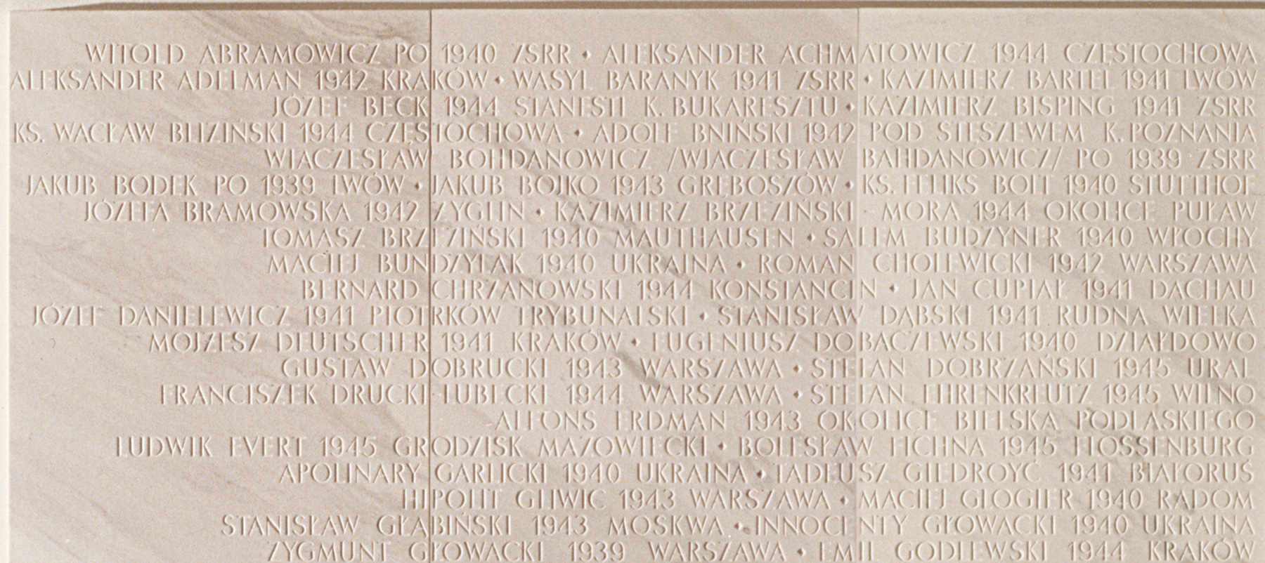 Fragment tablicy pamięci z nazwiskami A-G