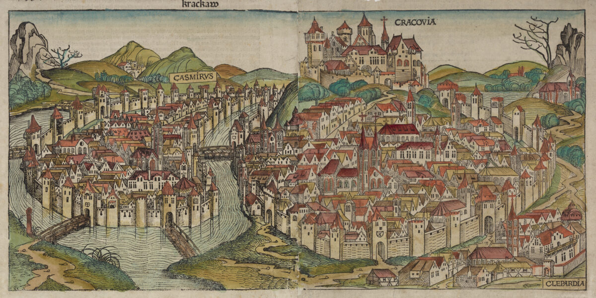 1. Widok Krakowa od&nbsp;północy zamieszczony w&nbsp;Liber Chronicarum Hartmanna Schedla, Norymberga 1493, wyd. II&nbsp;[Muzeum Narodowe w&nbsp;Krakowie]