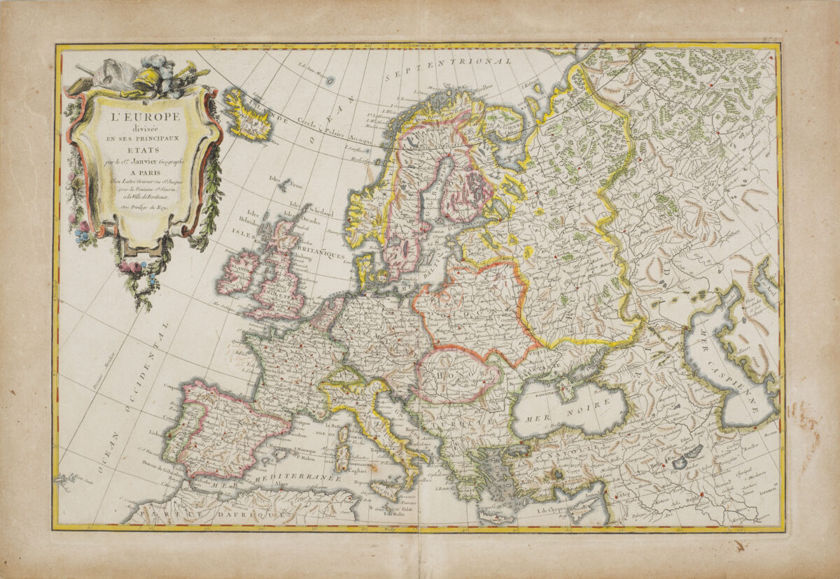 20 lub 21. Mapa Europy ok&nbsp;1762&nbsp;r. Rytownik Jean Lattré na&nbsp;podstawie rysunku Jeana Janviera [Zamek Królewski w&nbsp;Warszawie – Muzeum]