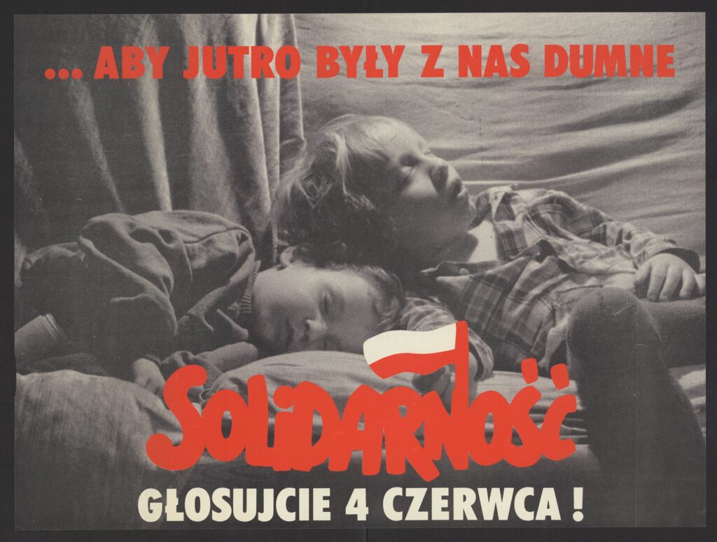 Plakat wyborczy „Solidarności” przedstawiający śpiące dzieci i hasło zachęcające do głosowania 4 czerwca